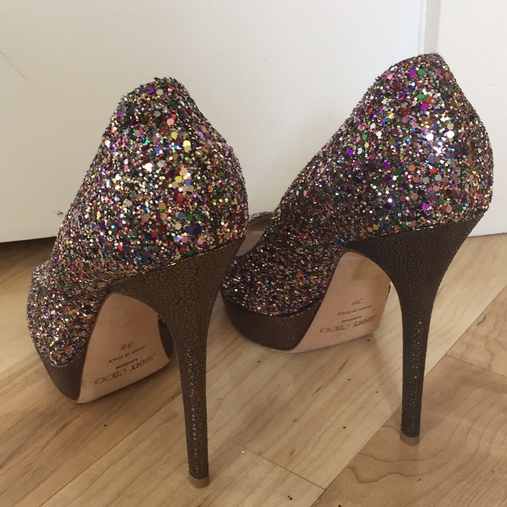 Jimmy Choo glitter,platform peep toe pumps.Classic - Picture 6 of 8